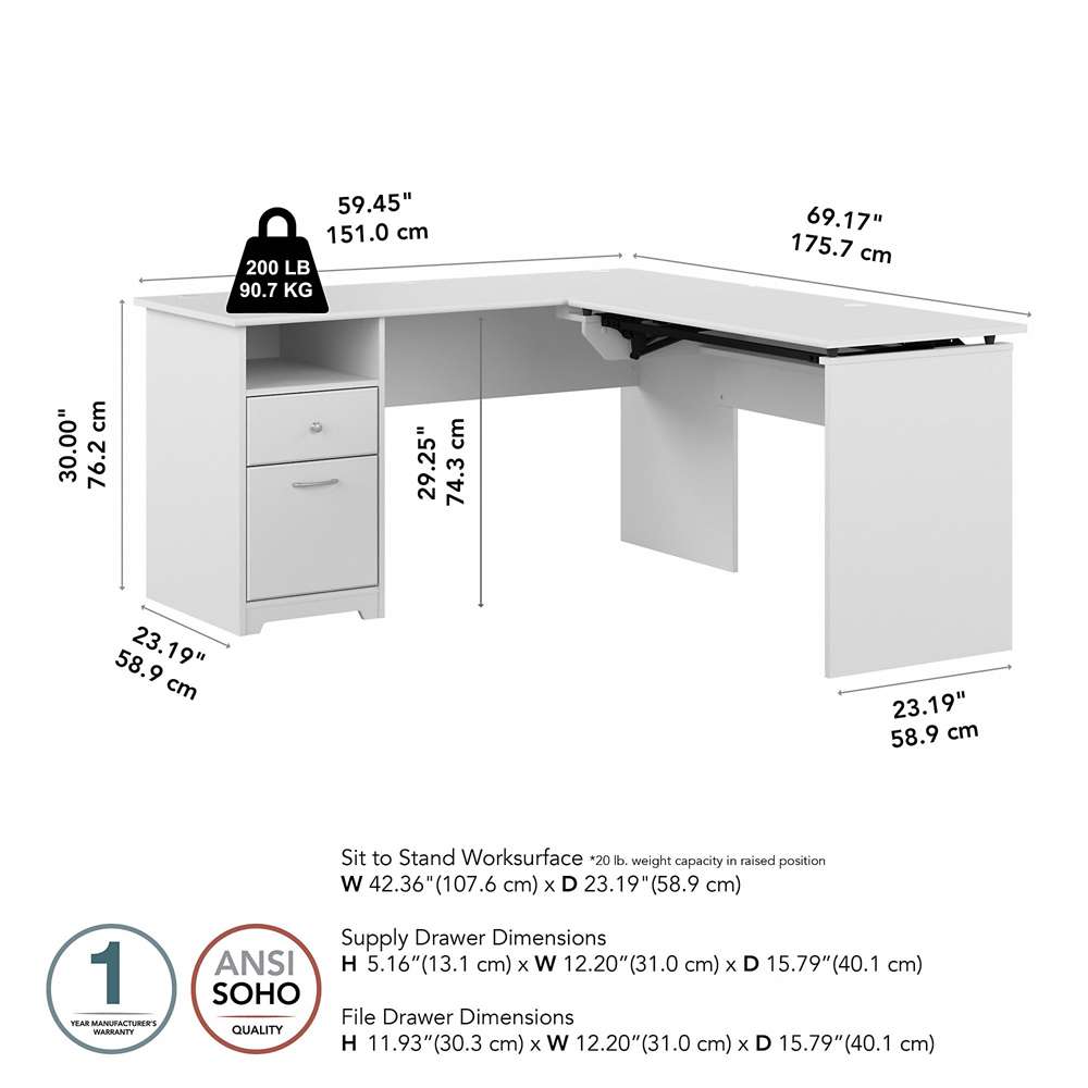 Bush Furniture - Cabot 60W Single Pedestal Desk w Sit to Stand Return in White - CAB043WHN veiw 5