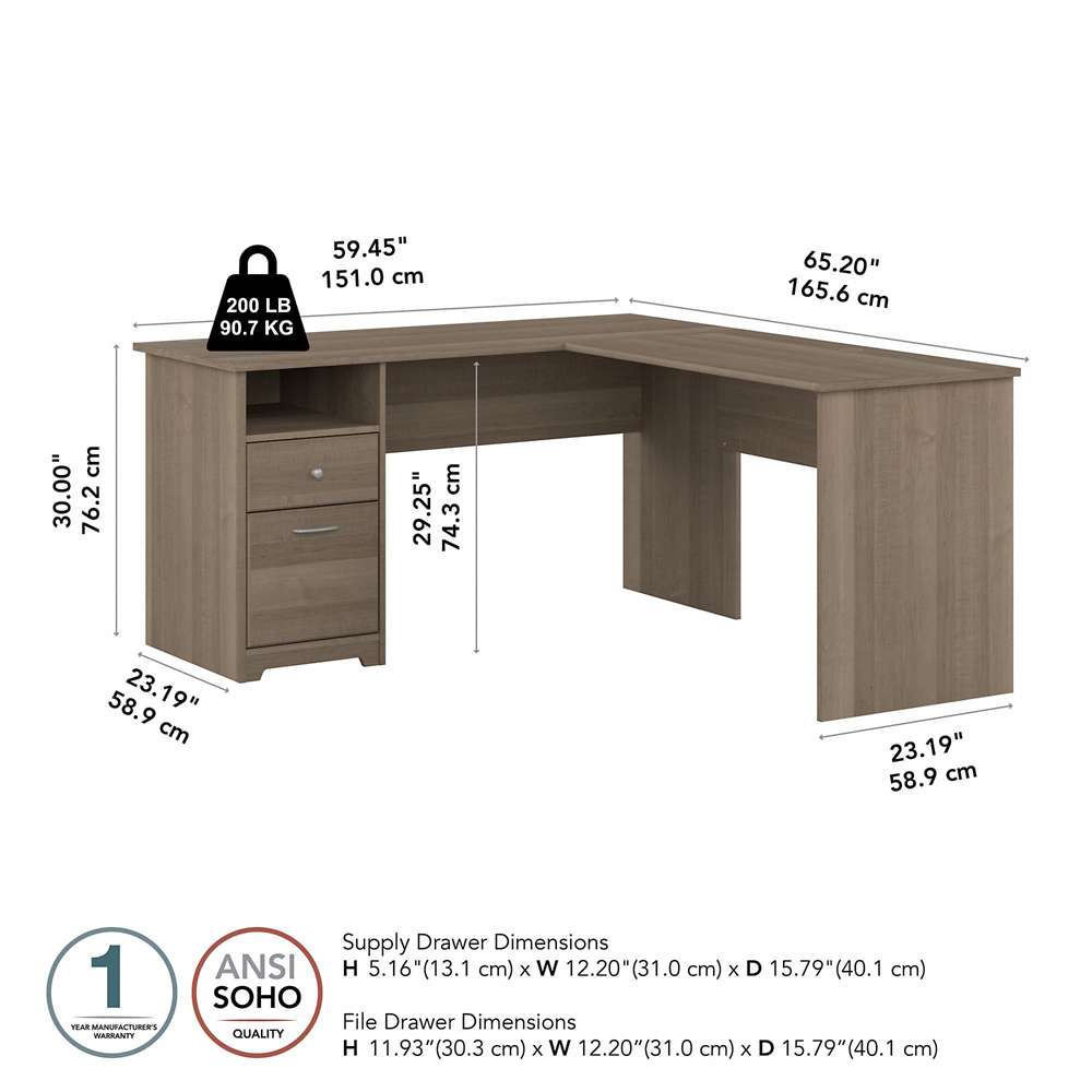 Bush Furniture - Cabot 60W Single Pedestal L Desk in Ash Gray - CAB044AG veiw 5