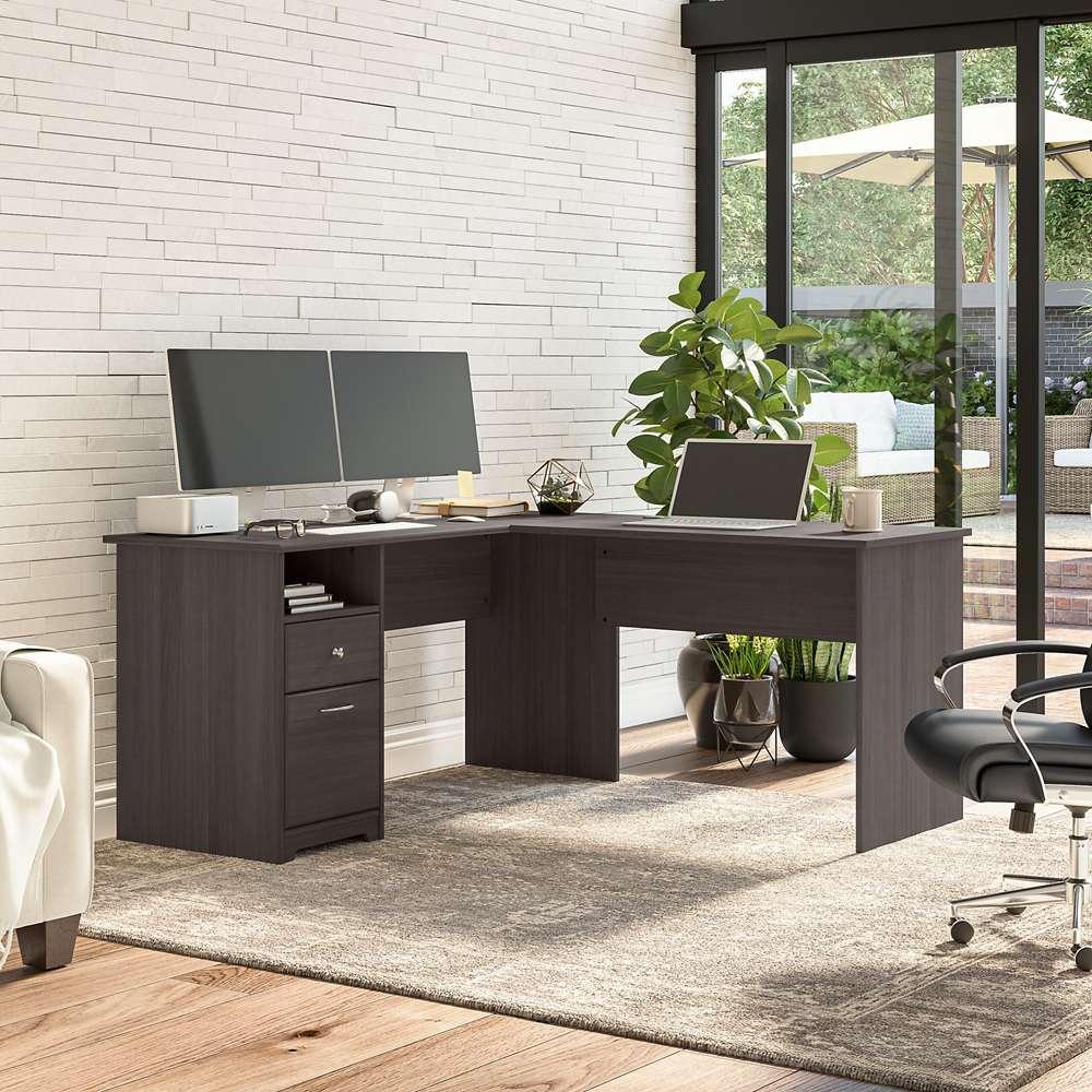 Bush Furniture - Cabot 60W Single Pedestal L Desk in Heather Gray - CAB044HRG veiw 2