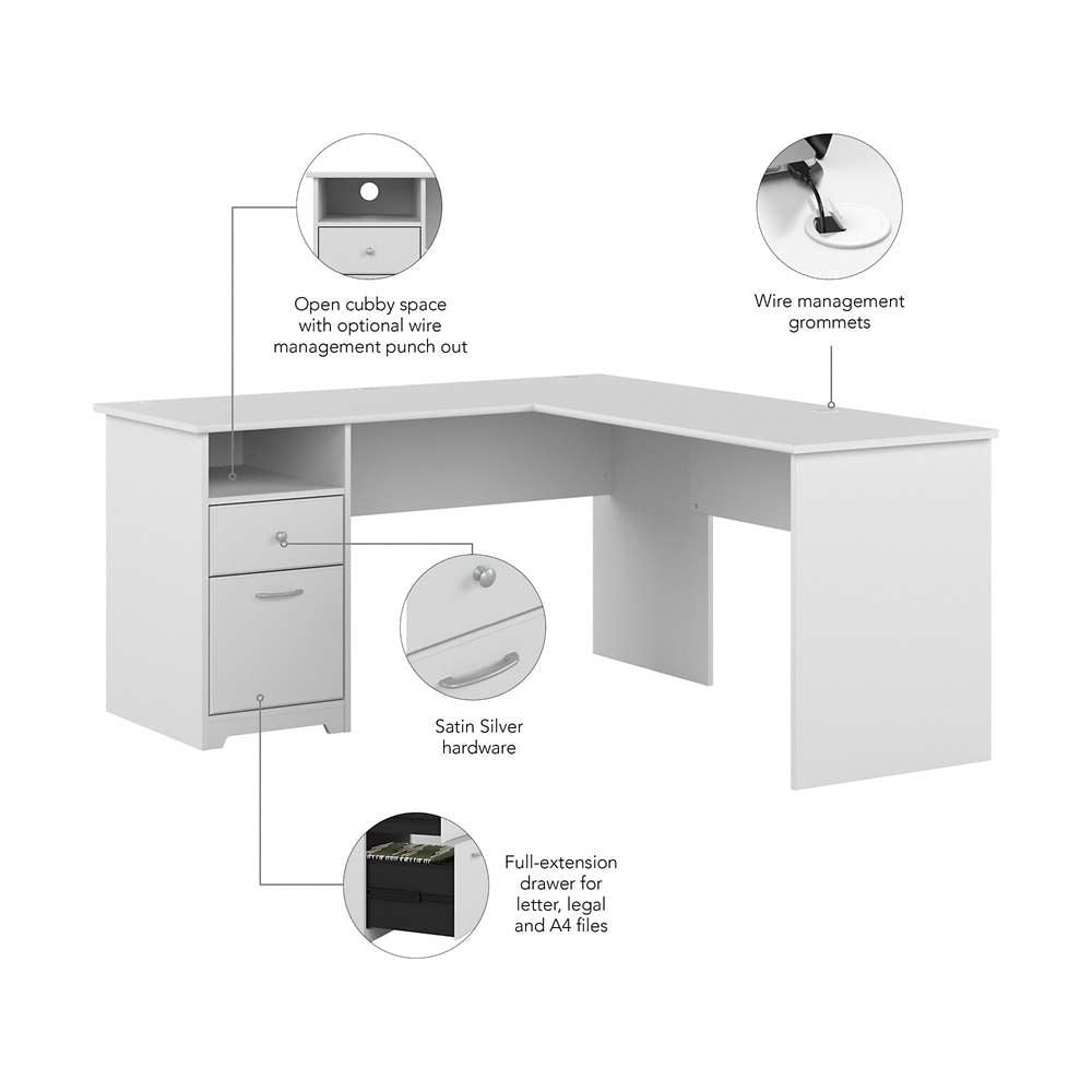 Bush Furniture - Cabot 60W Single Pedestal L Desk in White - CAB044WHN veiw 3