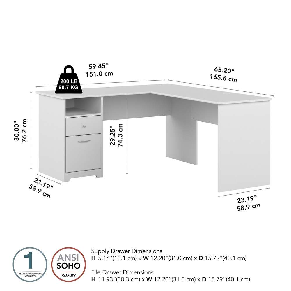 Bush Furniture - Cabot 60W Single Pedestal L Desk in White - CAB044WHN veiw 5