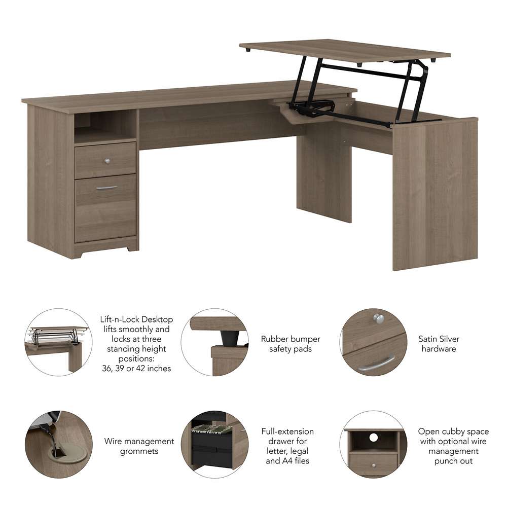 Bush Furniture - Cabot 72W Single Pedestal Desk w Sit to Stand Return in Ash Gray - CAB050AG veiw 3