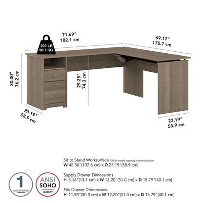 Bush Furniture - Cabot 72W Single Pedestal Desk w Sit to Stand Return in Ash Gray - CAB050AG veiw 5