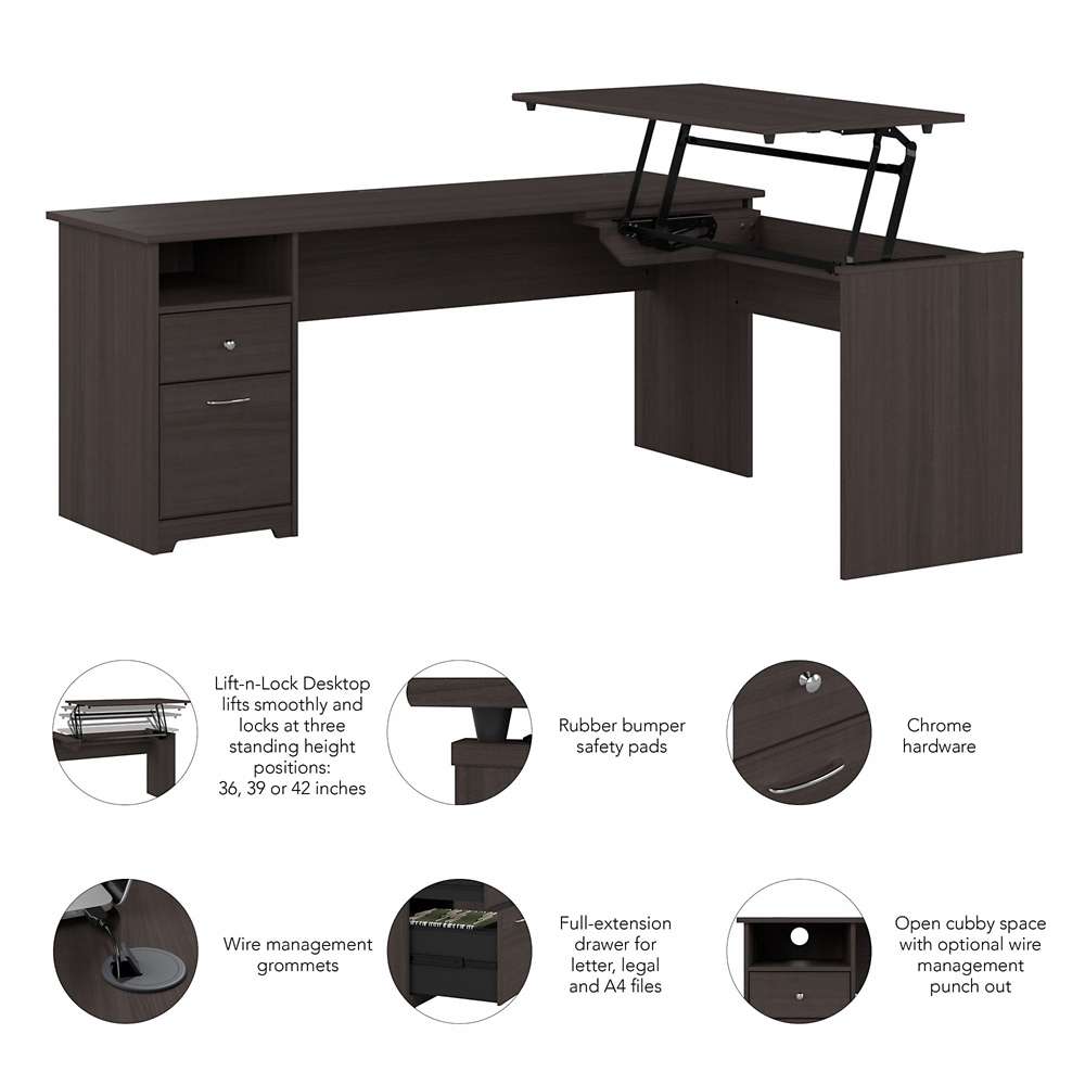 Bush Furniture - Cabot 72W Single Pedestal Desk w Sit to Stand Return in Heather Gray - CAB050HRG veiw 3