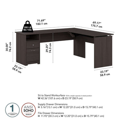 Bush Furniture - Cabot 72W Single Pedestal Desk w Sit to Stand Return in Heather Gray - CAB050HRG veiw 5