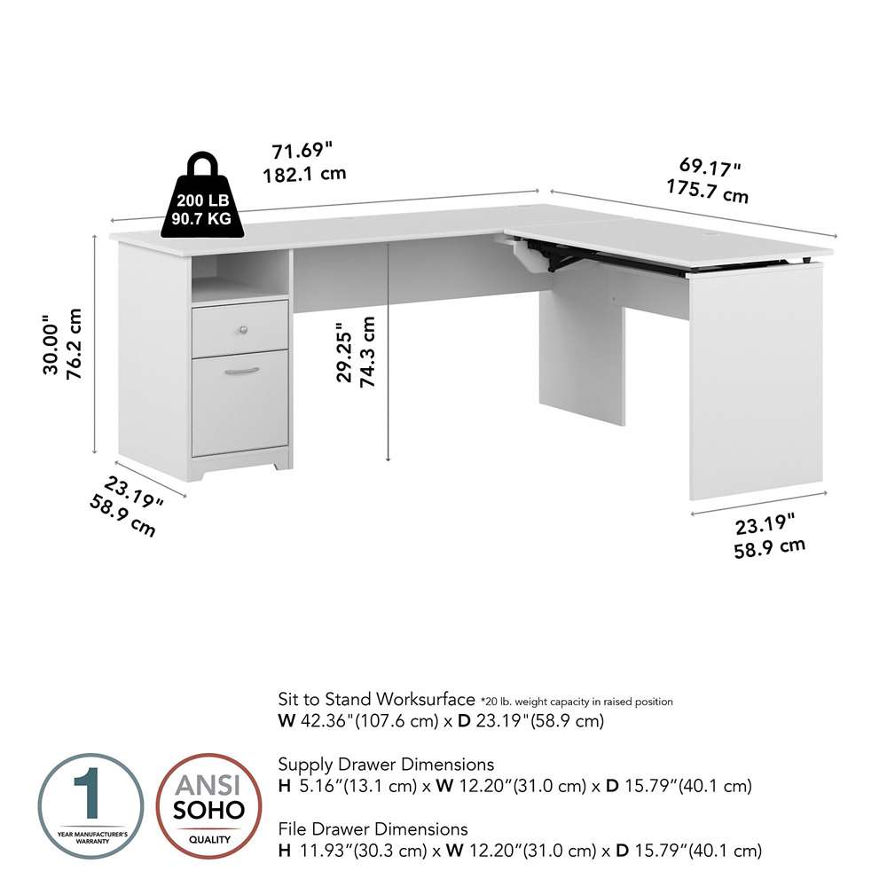 Bush Furniture - Cabot 72W Single Pedestal Desk w Sit to Stand Return in White - CAB050WHN veiw 5