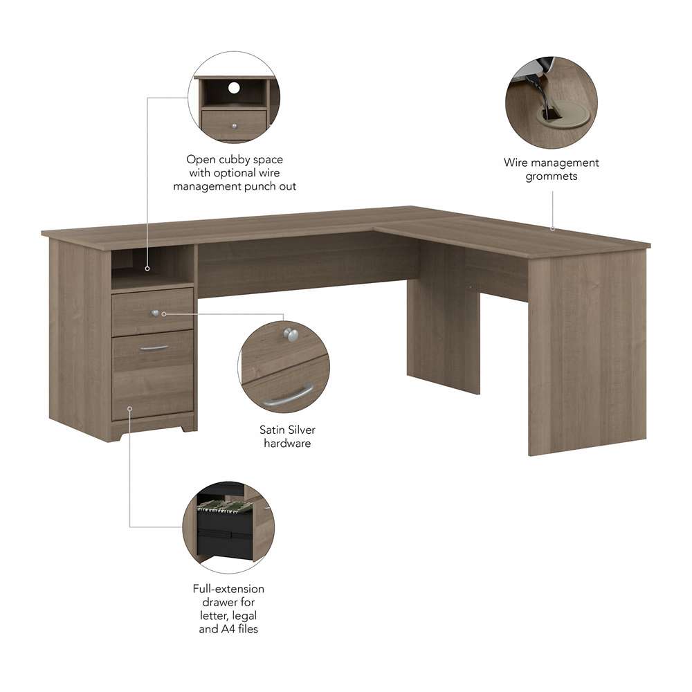 Bush Furniture - Cabot 72W Single Pedestal L Desk in Ash Gray - CAB051AG veiw 3