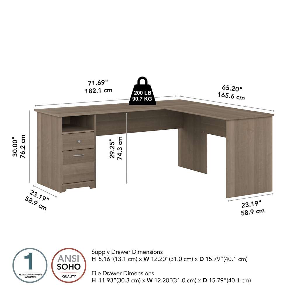 Bush Furniture - Cabot 72W Single Pedestal L Desk in Ash Gray - CAB051AG veiw 5