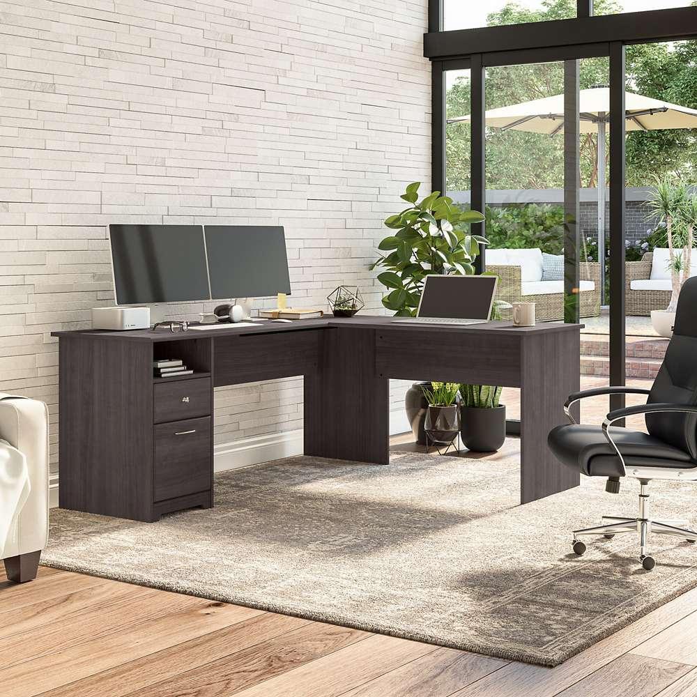 Bush Furniture - Cabot 72W Single Pedestal L Desk in Heather Gray - CAB051HRG veiw 2