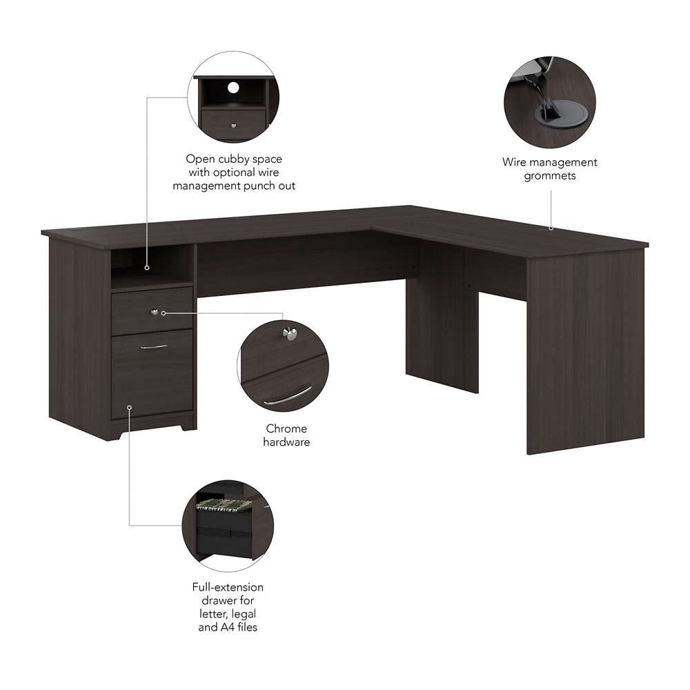 Bush Furniture - Cabot 72W Single Pedestal L Desk in Heather Gray - CAB051HRG veiw 3