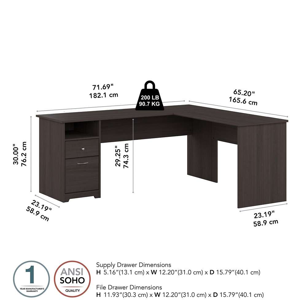 Bush Furniture - Cabot 72W Single Pedestal L Desk in Heather Gray - CAB051HRG veiw 5