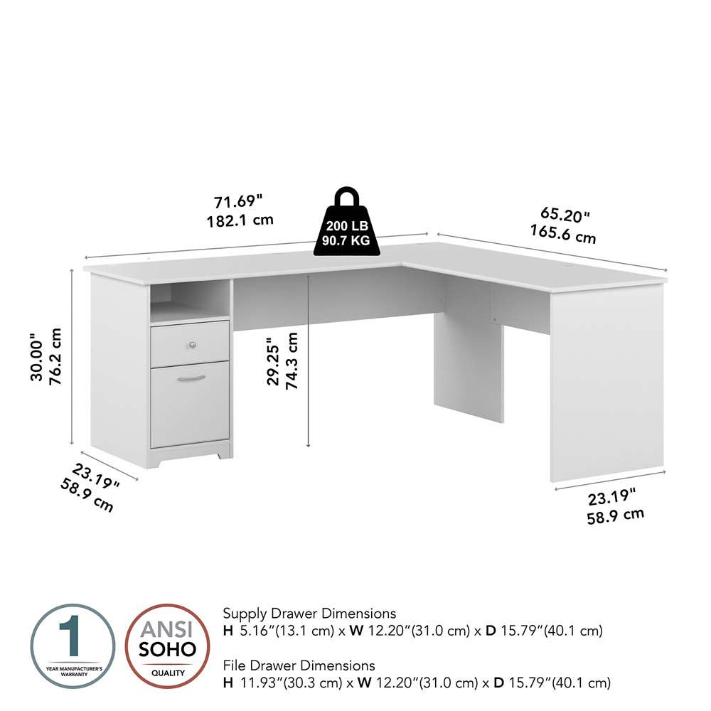 Bush Furniture - Cabot 72W Single Pedestal L Desk in White - CAB051WHN veiw 5