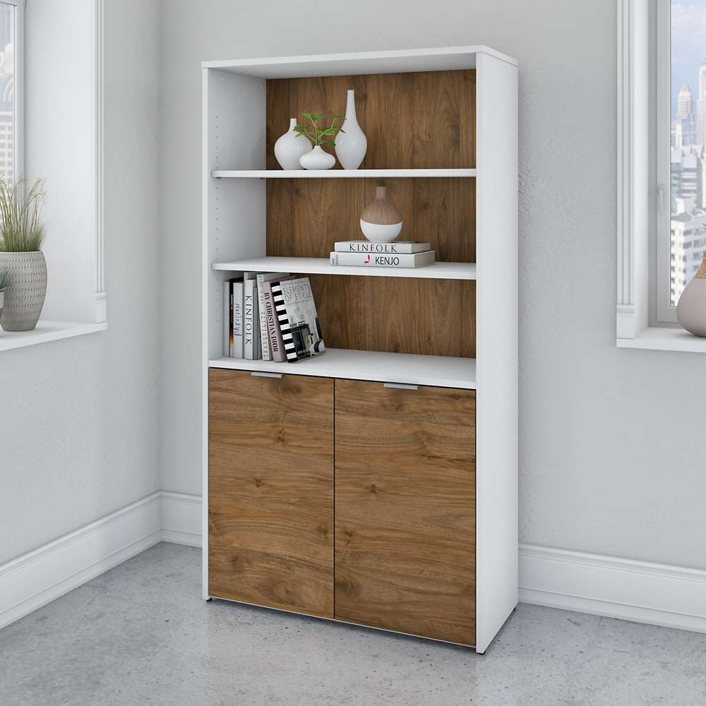 Bush Furniture - Jamestown 5 Shelf Bookcase with Doors in White and Fresh Walnut - JTB136FWWH veiw 4