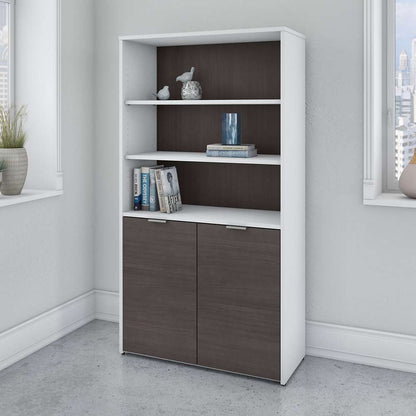 Bush Furniture - Jamestown 5 Shelf Bookcase with Doors in White and Storm Gray - JTB136SGWH veiw 4