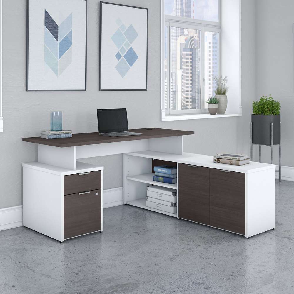 Bush Furniture - Jamestown 60W L Shaped Desk with Drawers in White and Storm Gray - JTN021SGWHSU veiw 4