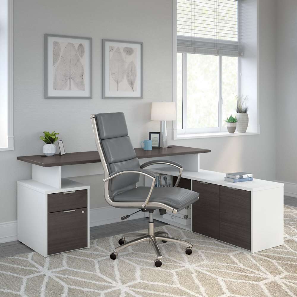 Bush Furniture - Jamestown 72W L Shaped Desk with Drawers in White and Storm Gray - JTN009SGWHSU veiw 6