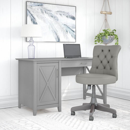 Bush Furniture - Key West 54W Computer Desk with Storage and Mid Back Tufted Office Chair in Cape Cod Gray - KWS020CG veiw 2