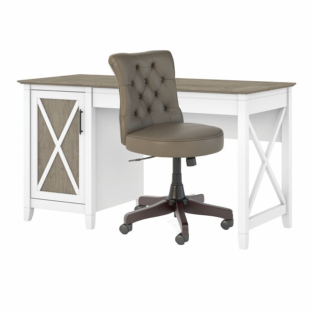Bush Furniture - Key West 54W Computer Desk with Storage and Mid Back Tufted Office Chair in Pure White and Shiplap Gray - KWS020G2W veiw 1