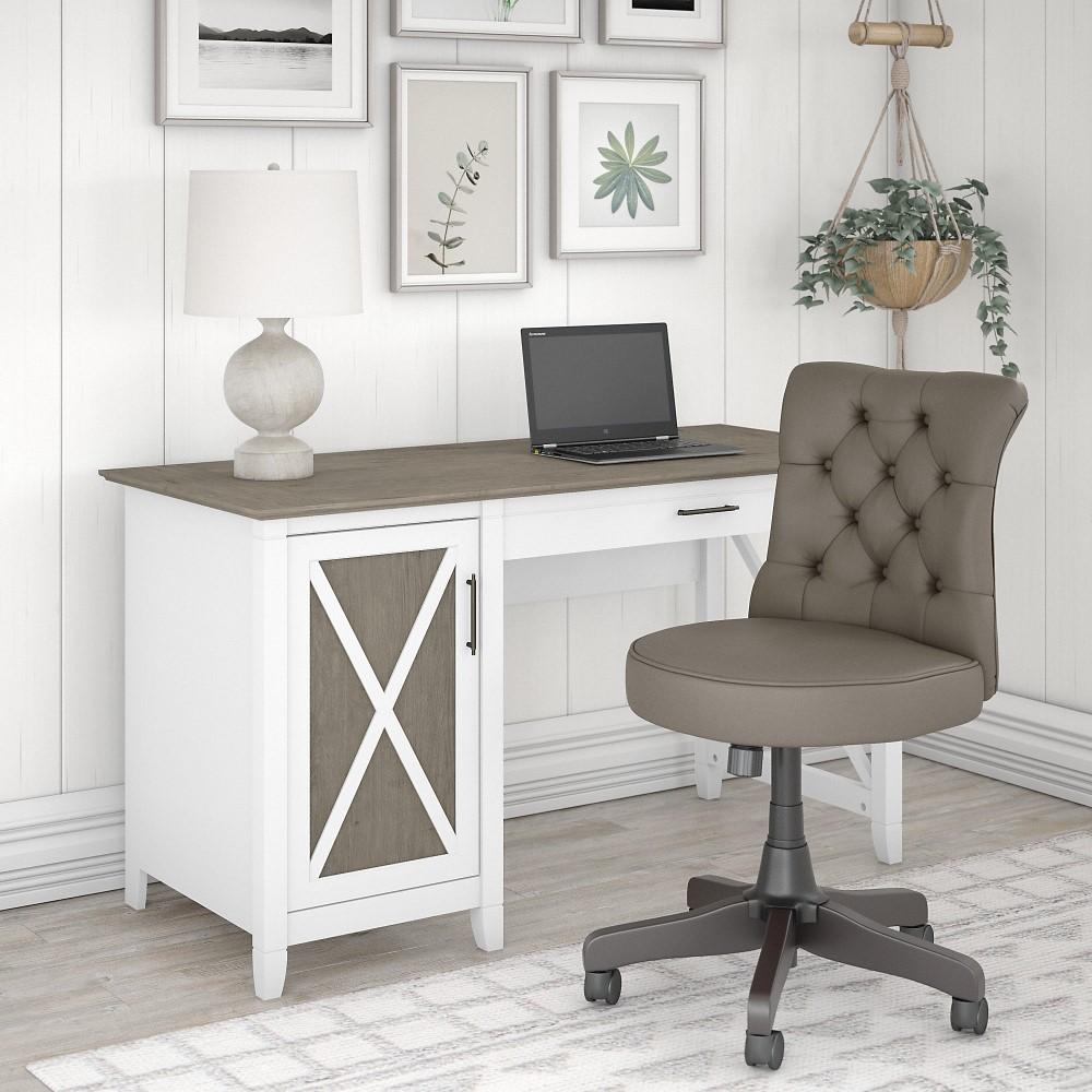 Bush Furniture - Key West 54W Computer Desk with Storage and Mid Back Tufted Office Chair in Pure White and Shiplap Gray - KWS020G2W veiw 2