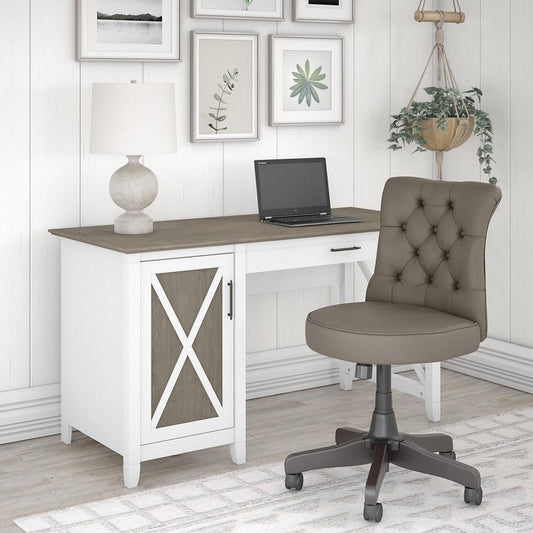 Bush Furniture - Key West 54W Computer Desk with Storage and Mid Back Tufted Office Chair in Pure White and Shiplap Gray - KWS020G2W veiw 2