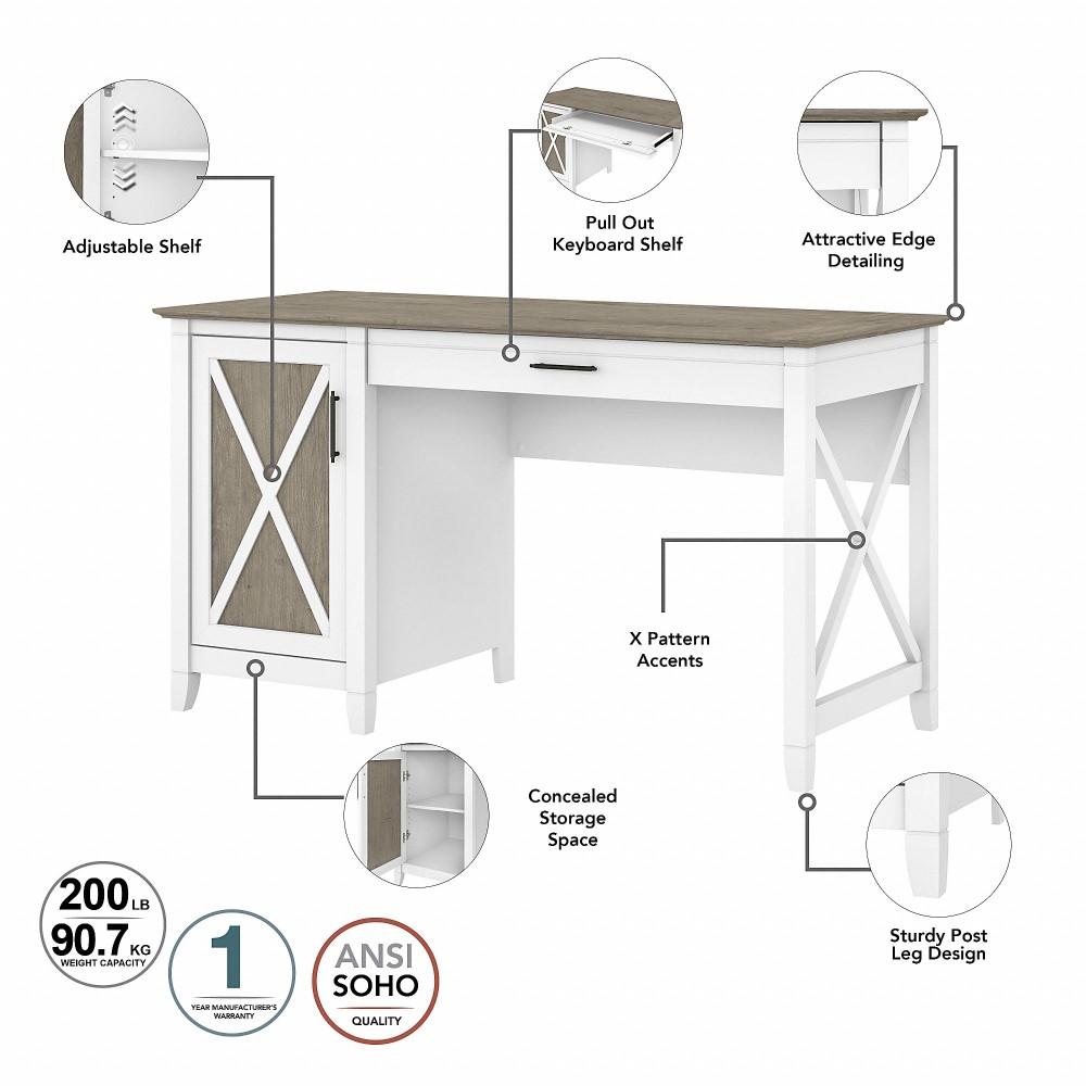 Bush Furniture - Key West 54W Computer Desk with Storage and Mid Back Tufted Office Chair in Pure White and Shiplap Gray - KWS020G2W veiw 3