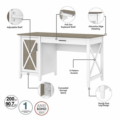 Bush Furniture - Key West 54W Computer Desk with Storage and Mid Back Tufted Office Chair in Pure White and Shiplap Gray - KWS020G2W veiw 3
