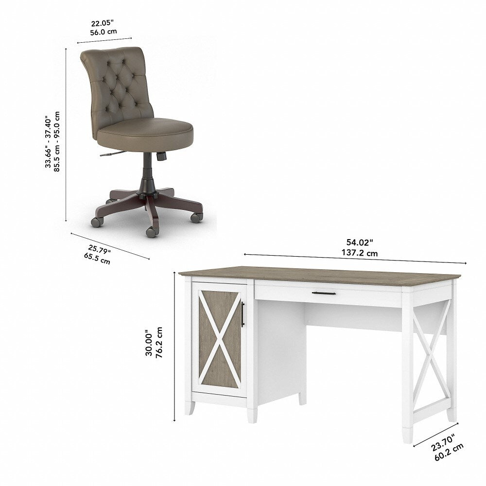 Bush Furniture - Key West 54W Computer Desk with Storage and Mid Back Tufted Office Chair in Pure White and Shiplap Gray - KWS020G2W veiw 6