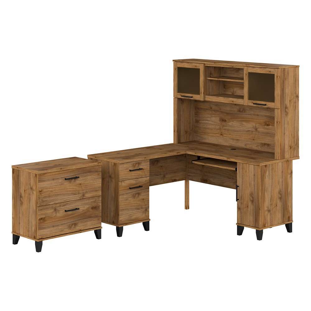Bush Furniture - Somerset 60W L Shaped Desk with Hutch and Lateral File Cabinet in Fresh Walnut - SET008FW veiw 1