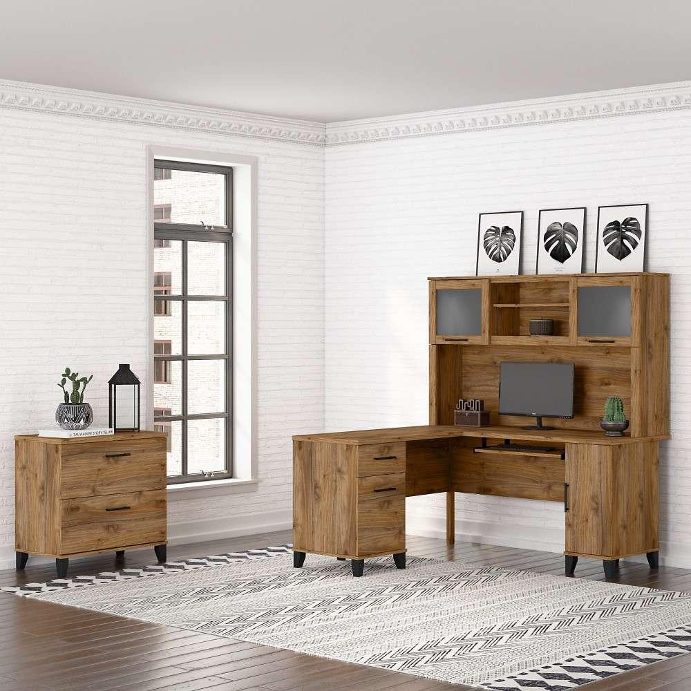 Bush Furniture - Somerset 60W L Shaped Desk with Hutch and Lateral File Cabinet in Fresh Walnut - SET008FW veiw 2