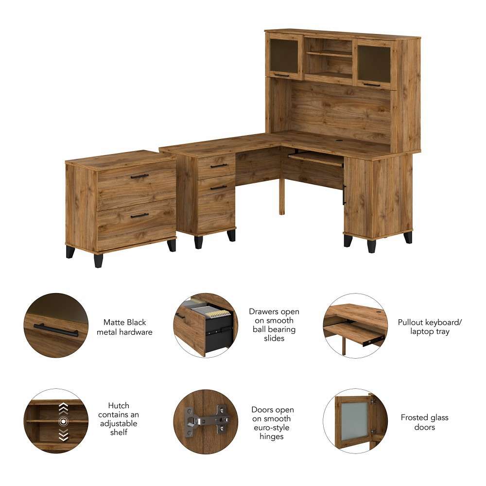 Bush Furniture - Somerset 60W L Shaped Desk with Hutch and Lateral File Cabinet in Fresh Walnut - SET008FW veiw 3
