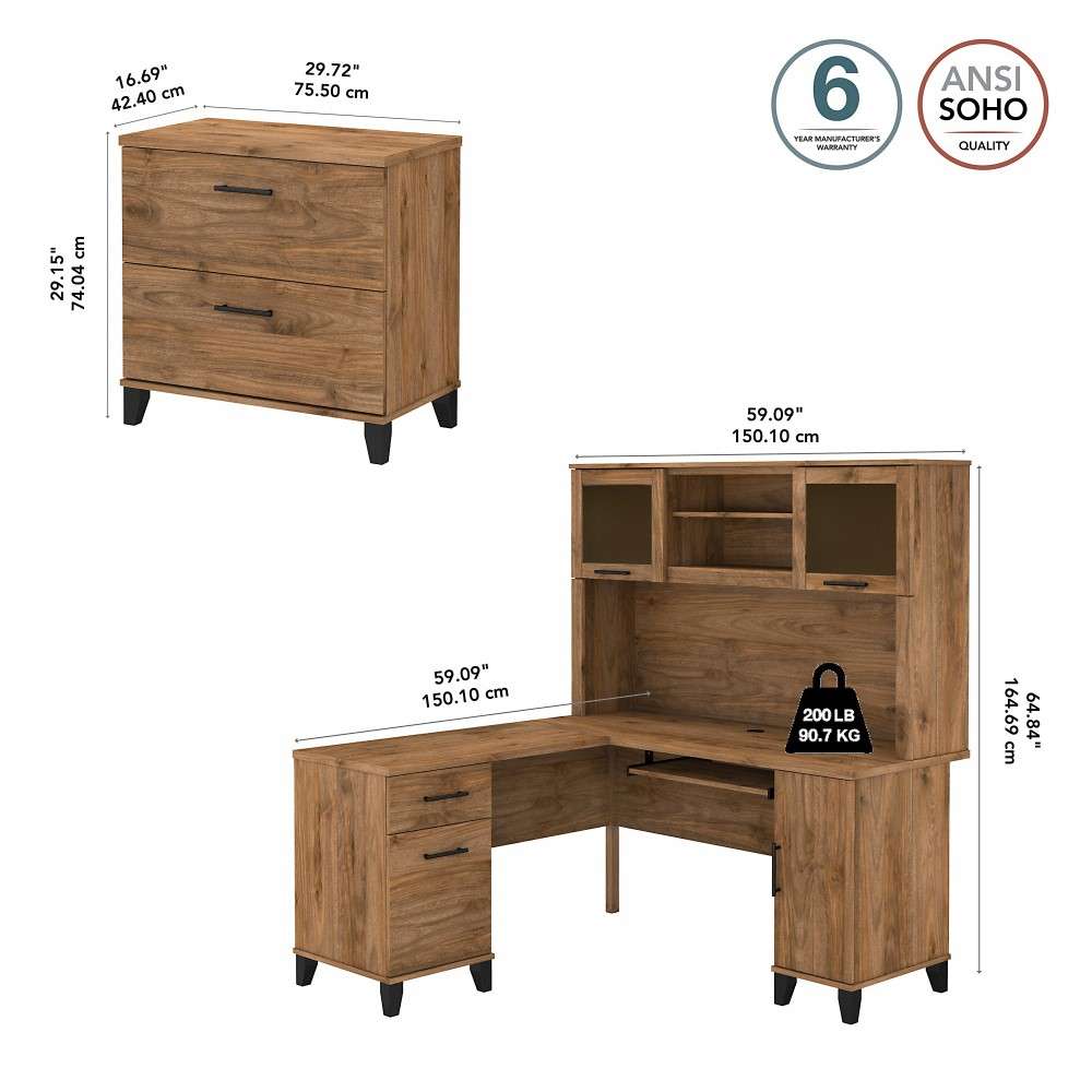 Bush Furniture - Somerset 60W L Shaped Desk with Hutch and Lateral File Cabinet in Fresh Walnut - SET008FW veiw 5