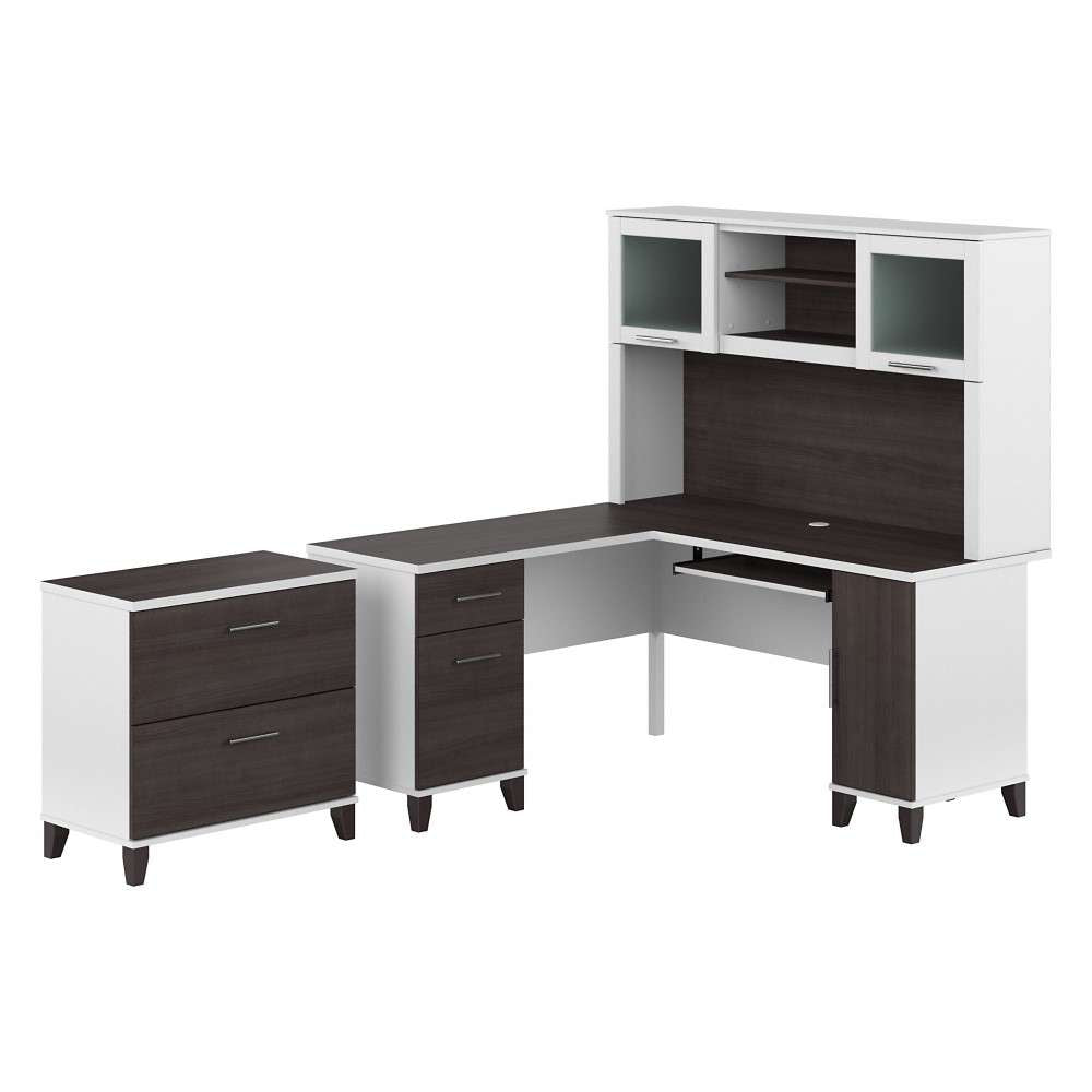 Bush Furniture - Somerset 60W L Shaped Desk with Hutch and Lateral File Cabinet in White and Storm Gray - SET008SGWH veiw 1
