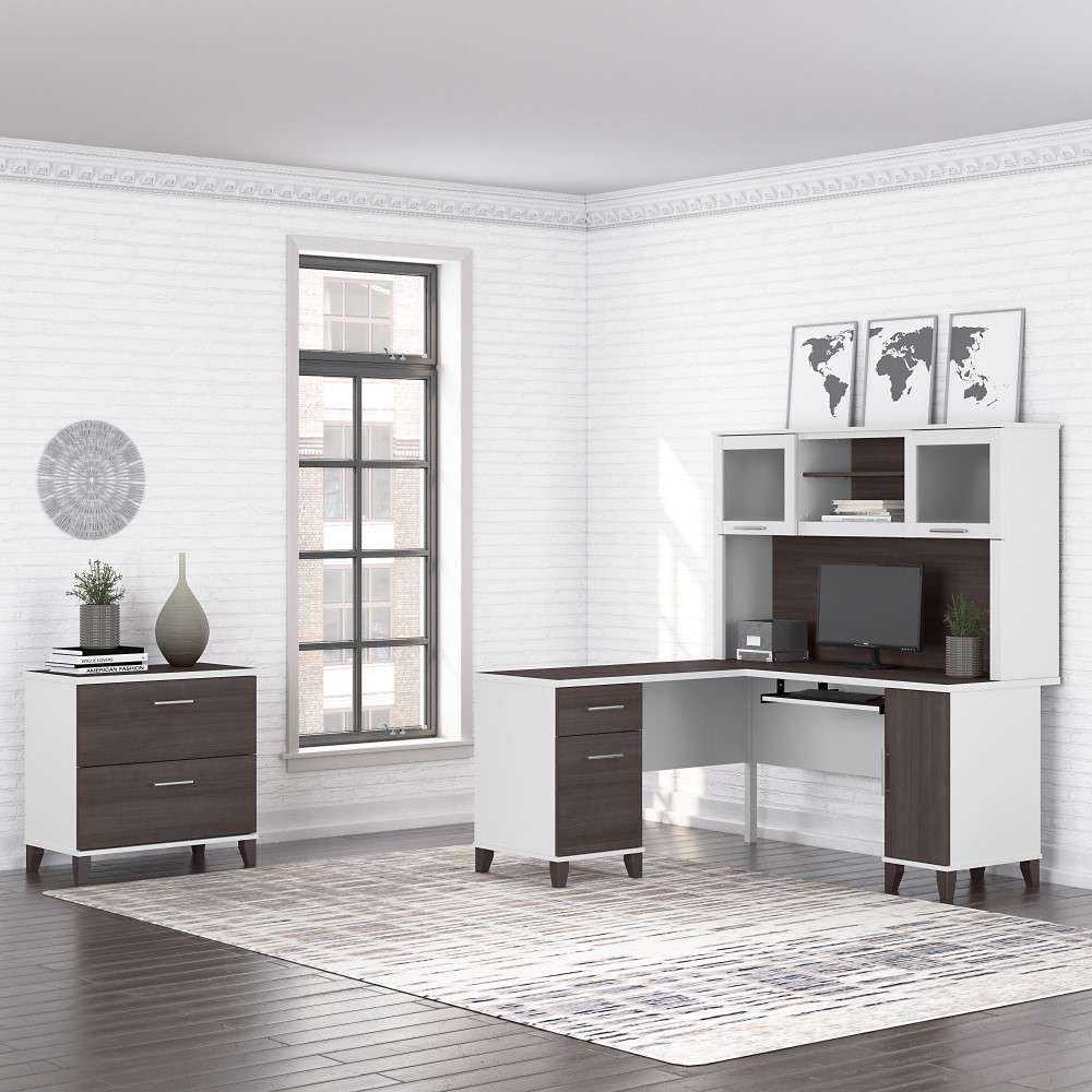 Bush Furniture - Somerset 60W L Shaped Desk with Hutch and Lateral File Cabinet in White and Storm Gray - SET008SGWH veiw 2