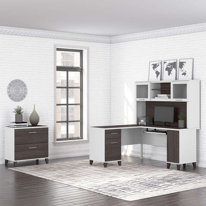 Bush Furniture - Somerset 60W L Shaped Desk with Hutch and Lateral File Cabinet in White and Storm Gray - SET008SGWH veiw 2