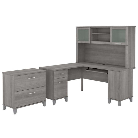 Bush Furniture - Somerset 60W L Shaped Desk with Hutch and Lateral File Cabinet in Platinum Gray - SET008PG veiw 1