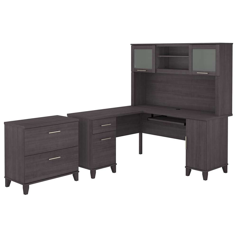 Bush Furniture - Somerset 60W L Shaped Desk with Hutch and Lateral File Cabinet in Storm Gray - SET008SG veiw 1