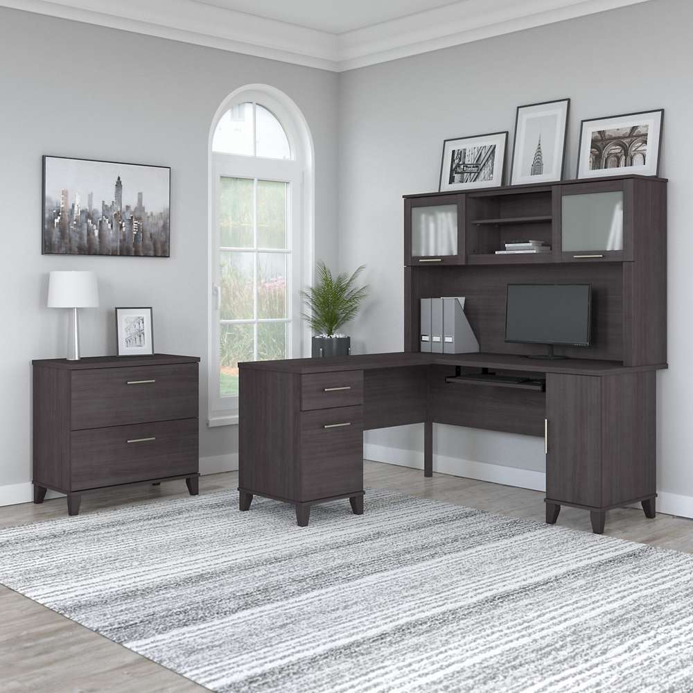 Bush Furniture - Somerset 60W L Shaped Desk with Hutch and Lateral File Cabinet in Storm Gray - SET008SG veiw 4