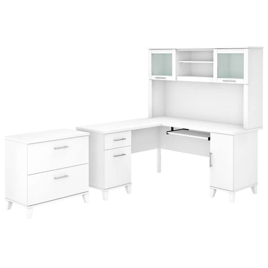 Bush Furniture - Somerset 60W L Shaped Desk with Hutch and Lateral File Cabinet in White - SET008WH veiw 1