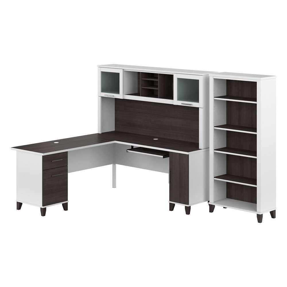 Bush Furniture - Somerset 72W L Shaped Desk with Hutch and 5 Shelf Bookcase in White and Storm Gray - SET011SGWH veiw 1