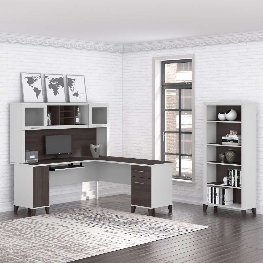 Bush Furniture - Somerset 72W L Shaped Desk with Hutch and 5 Shelf Bookcase in White and Storm Gray - SET011SGWH veiw 2