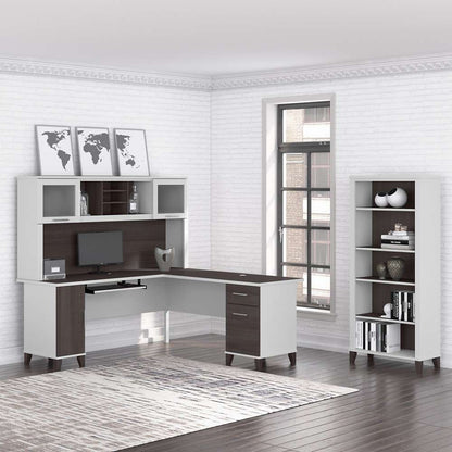 Bush Furniture - Somerset 72W L Shaped Desk with Hutch and 5 Shelf Bookcase in White and Storm Gray - SET011SGWH veiw 2