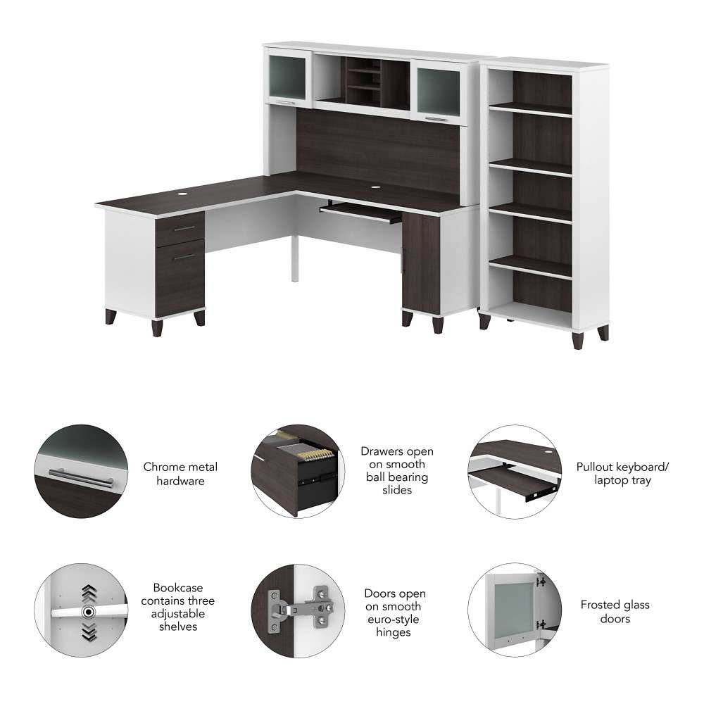 Bush Furniture - Somerset 72W L Shaped Desk with Hutch and 5 Shelf Bookcase in White and Storm Gray - SET011SGWH veiw 3