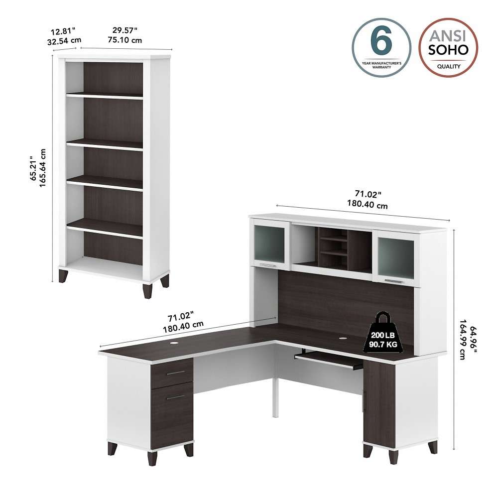 Bush Furniture - Somerset 72W L Shaped Desk with Hutch and 5 Shelf Bookcase in White and Storm Gray - SET011SGWH veiw 5