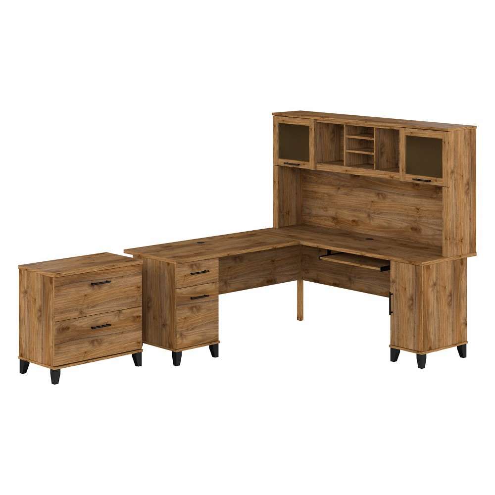 Bush Furniture - Somerset 72W L Shaped Desk with Hutch and Lateral File Cabinet in Fresh Walnut - SET009FW veiw 1