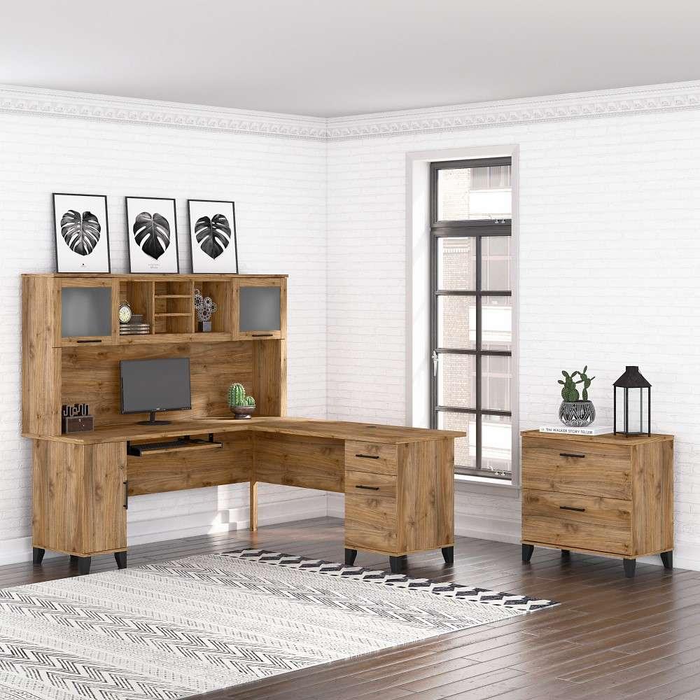 Bush Furniture - Somerset 72W L Shaped Desk with Hutch and Lateral File Cabinet in Fresh Walnut - SET009FW veiw 2