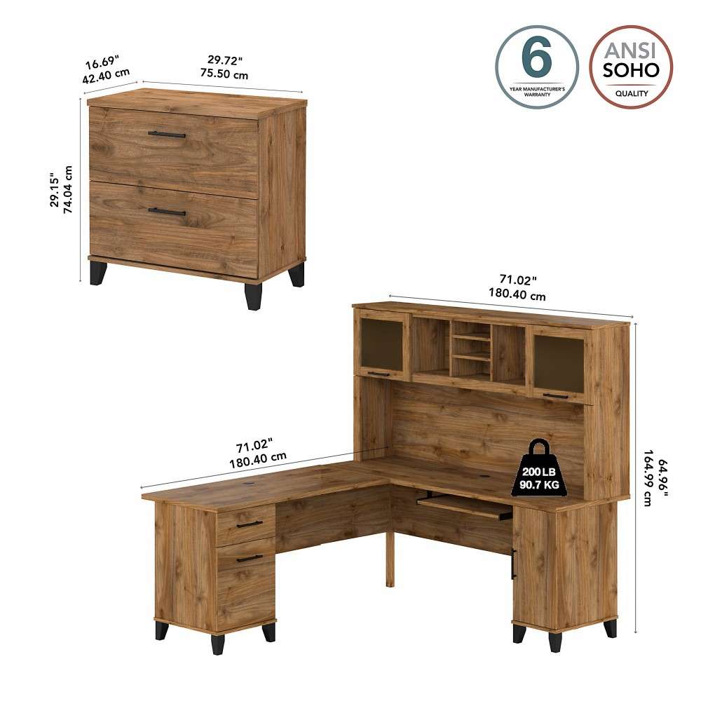 Bush Furniture - Somerset 72W L Shaped Desk with Hutch and Lateral File Cabinet in Fresh Walnut - SET009FW veiw 5