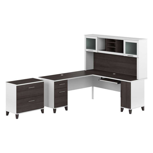 Bush Furniture - Somerset 72W L Shaped Desk with Hutch and Lateral File Cabinet in White and Storm Gray - SET009SGWH veiw 1
