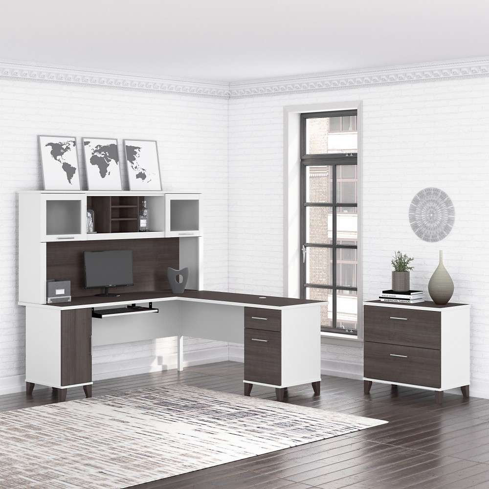 Bush Furniture - Somerset 72W L Shaped Desk with Hutch and Lateral File Cabinet in White and Storm Gray - SET009SGWH veiw 2