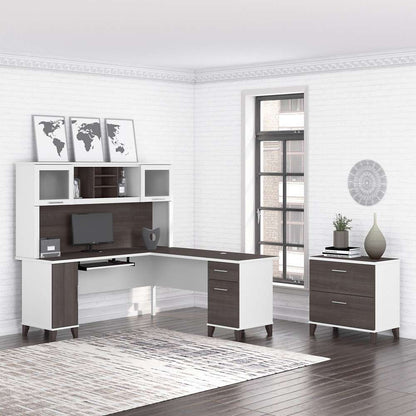 Bush Furniture - Somerset 72W L Shaped Desk with Hutch and Lateral File Cabinet in White and Storm Gray - SET009SGWH veiw 2