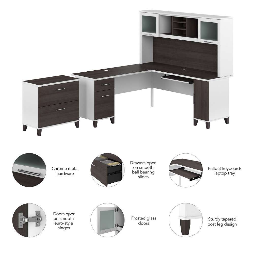 Bush Furniture - Somerset 72W L Shaped Desk with Hutch and Lateral File Cabinet in White and Storm Gray - SET009SGWH veiw 3